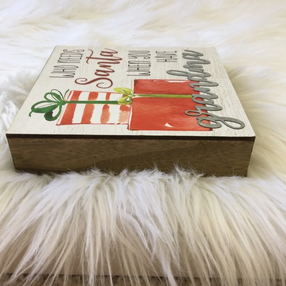New Christmas Decor Wooden Caption Box Wall Hanging Plaque Grandma Santa Claus
